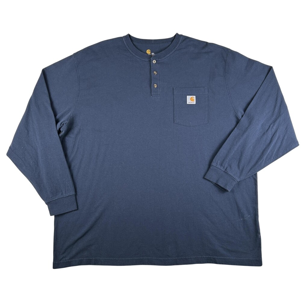 Carhartt Henley Shirt Mens 3XL Blue Long Sleeve Pocket Logo Workwear Tee
